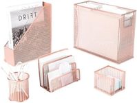 BLU MONACO 5 Piece Cute Office Supplies Rose Gold Desk Organizer Set - with Desktop Hanging File Organizer, Magazine Holder, Pen Cup, Sticky Note Holder, Letter sorter - Rose Gold Desk Accessories