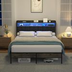 Bedstory Queen Size Bedframe, Ergonomic Headboard with Multi-Space Storage, Platform Bed Frame Queen with Charging Station and Adjustable RGB LED Lights, Strong Weight Capacity, Easy Assembly