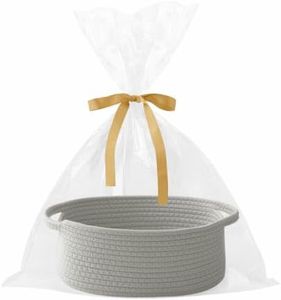 HZFTJOY 2 Pack Gift Basket with Gift Bag and Ribbons,Small Rope Woven Shelf Storage,Baskets for Gifts Empty,Birthday,Shower,Decorative Organizer Box for Cat Dog Pet with Handles(Grey)