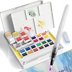 Ezigoo Watercolour Paint Set Professional Painting Suppliers Kit in Portable Travel Box 24 Half Pan with 1 Water Brush & 2 Sponge & A Mixing Palette for Artists, Students, Hobbyists, Adults, Children