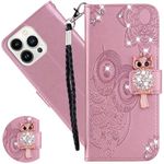 Ysnzaq Embossed Case for Apple iPhone 15 Pro Max 6.7", Owl Glitter Sparkly PU Leather Wallet Shockproof Flip Magnetic Women Cover with Stand Card Slots for Apple iPhone 15 Pro Max. YK Rose Gold