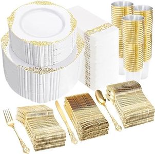 YOUBET 700PCS Gold Plastic Dinnerware Set - White and Gold Disposable Plates for 100 Guest - 200 Disposable Plates, 300 Heavy Duty Plastic Silverware, 100 Cups,100 Napkins for Wedding & Party
