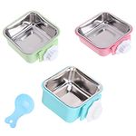 Crate Dog Bowl, Removable Stainless Steel Water Food Feeder Bowls Hanging Pet Cage Bowl Cage Coop Cup for Dogs Cats Puppy Rabbits Bird and Small Pets (Small (Pack of 3), Square (Blue+Green+Pink))