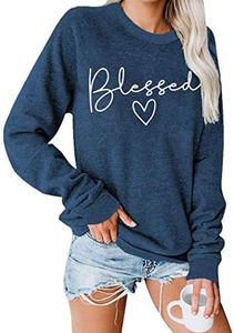 UNIQUEONE Blessed Sweatshirt for Women Letter Print Lightweight Thanksgiving Pullover Tops Blouse Blue