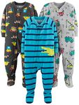 Simple Joys by Carter's Boys' 3-Pack Loose Fit Flame Resistant Polyester Jersey Footed Pajamas Baby and Toddler Sleepers, Blue Alligator/Dark Grey Fun Food/Grey Trucks, 12 Months (Pack of 3)