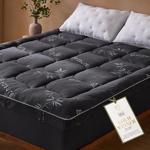 Bedsure King Mattress Topper - Viscose Made from Bamboo Ultra Soft Thick Fluffy Pillow Top Mattress Pad with 21 Inch Deep Pocket, Breathable, Moisture Wicking, Black, 78x80 Inch