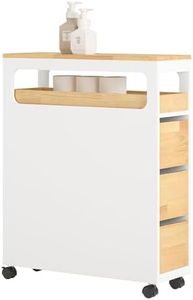SoBuy Armario de Baño Estrecho Estantería para Nichos Móvil Carrito Estrecho con 1 Bandeja Extraíble y 3 Cajones Color Blanco y Madera 65 x 23 x 82 cm BZR54-WN ES