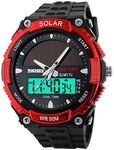 Fanmis Men's Solar Powered Casual Quartz Watch Digital & Analog Multifunctional Sports Watch Red