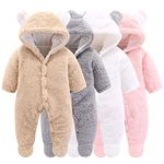 Newborn Baby Cartoon Bear Snowsuit Winter Coat Fleece Hooded Romper Jumpsuit (0-3Month, Khaki)