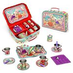 SOKA Dinosaur Metal Tin Teapot Set with Carry Case Toy for Kids - 18 Pcs Illustrated Colourful Design Toy Tea Party Set Pretend Role Play for Kids Children Boys Girls