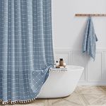 BTTN Extra Long Shower Curtain - 72x84 Inch Long Boho Chic Tassel Linen Fabric Shower Curtain Set with Hooks, Tall Modern Farmhouse Elegant Heavy Duty Thick Cloth Shower Curtains for Bathroom - Blue