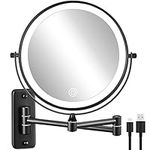 Rechargeable Wall Mounted Lighted Makeup Mirror, 8 inch 10X Magnifying Mirror with 3 Color Lights, Dimmable Touch Screen Makeup Mirror with Lights for Bathroom, Black