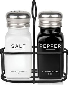 Farmhouse Salt and Pepper Shakers Set with Holder by Brighter Barns - Modern Kitchen Decor and Accessories, Dining Table Decor - Cute Glass Salt Shaker with Caddy for Restaurants, Gifts (Black/White)