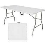 BQKOZFIN 5ft Plastic Folding Table, Indoor Outdoor Dining Table, Heavy Duty Portable Folding Tables for Dining Parties Card Picnic Camping, White (Crooked)