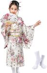 KRUIHAN Japanese Kimono Kids,Girls Kimono Dressing Gown,Kids Satin Yukata,Kids Spa Party Robes,with Folding Fan and Tabi Socks,White,140