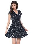 Allegra K Women's Boho Crossover V Neck Petal Sleeves Belted Floral Flowy Dress Blue M-12