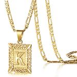 KissYan Initial Letter Pendant Necklace for Men Womens, 14K Gold Plated Square Capital Monogram Necklace Silver Alhpabets from A-Z Figaro Chain Necklace(Golden 003K)