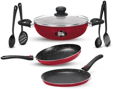 Milton Pro Cook Kitchen Jewel Set of 7 Non Stick Cookware | Induction and Gas Stove Friendly I Cooking Pan, Kadhai with Lid, Tawa I Maroon Metallic