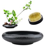CRAFFANCY Flower Arrangement Supplies, Deep Round Ceramic Ikebana Flower Vase with 5cm Kenzan Flower Frog for Floral Arrangement Home Decoration, Black Spotted