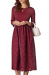 GRACE KARIN Women's Casual Dress for Holiday Round Neck 3/4 Sleeve A-Line Dress Flared Midi Formal Dresses Wine Red L