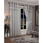 Cannes Faux Silk Eyelet Diamante Embellished Curtains with Free Tie Backs – Eyelet Curtains For Living Room, Block Out Curtains, Room Darkening, Indirect Sun Light Blocking (Silver, 90in x 90in)