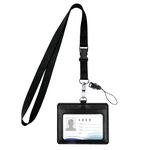 Vicloon Card Holder with Lanyard, 2-Sided PU Leather ID Badge Holder with ID Window and Card Slot Neck Lanyard Strap Office Lanyard Detachable Lanyard ID Badge Holder for Keys(Black)