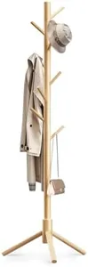 OUTGAVA Wooden Coat Rack Freestanding with 8 Hooks,Easy Assembly New Zealand Pine Tree Coat Racks, 3 Adjustable Sizes for Clothes, Hats, Bags, for Entryway, Hallway, Bedroom, Office
