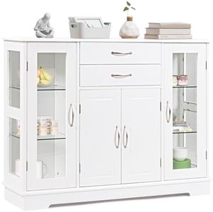 Giantex Buffet Cabinet, Modern Sideboard Kitchen Cupboard w/Glass Doors, 2 Drawers & 3 Cabinets, Wooden Display Cabinet Console Tablefor Kitchen, Living Room, Dining Room (White)