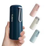 Exllena 300ml Small Water Bottle Made of 304 Stainless Steel, Small Flask with Carry Handle Double Wall Vacuum Insulation for Hot&Cold Drinks for Handbag - 100% Leakproof(Dark Blue)