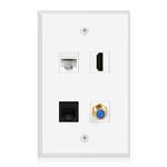 TNP Ethernet Coax HDMI Phone Wall Plate - Cat 6 RJ45 Port + TV Coax/Coaxial F Type Connector + HDMI + Phone RJ11/RJ12 Cat 3 Keystone Jack Multi Combo Faceplate Video Audio Socket Outlet Cover Panel