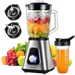 SHARDOR 1200W Blender for Shakes and Smoothies, Countertop Blender and Personal Blender Combo, 52oz Glass Jar, 22oz Travel Cup, 3 Adjustable Speed for Frozen Fruit Drinks, Smoothies, Sauces, Silver