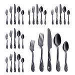 Seeshine Black Silverware Set for 6, 30-Piece Stainless Steel Flatware Set, Shiny Black Metal Cutlery Set, Include Fork, Knife and Spoon Set, Dishwasher Safe