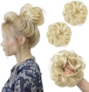 SARLA 2PCS Messy Hair Bun Hair Pieces Wavy Curly Synthetic Updo Fake Scrunchies Ponytail Extension for Women Beach Blonde