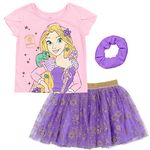 Disney Princess Rapunzel Little Girls Graphic T-Shirt Mesh Skirt and Scrunchie 3 Piece Outfit Set 7-8