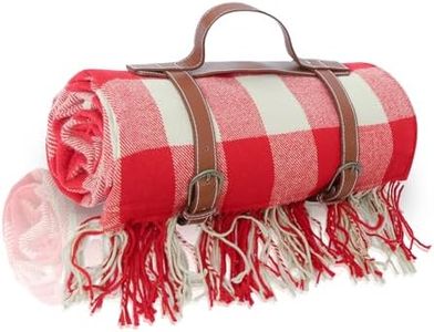 NOONOOJOOJOO Picnic Blanket Extra Large Waterproof with Strap 59"x79" - Machine Washable Tassels Faux Wool Cashmere for Park, Grass, Camping, Hiking, Concerts (Red Tartan, 59"X79")