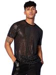 Floerns Men's Rhinestone Sheer Mesh Short Sleeve Clubwear Party Tee Shirt, Black, Medium