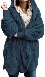 Zilcremo Women Hooded Cardigan Fuzzy Jacket Winter Open Front Fleece Coat Outwear with Pockets Darkblue S
