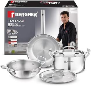 BERGNER Tripro 5 Pcs Triply Stainless Steel Cookware Set Of 24Cm(3L)Kadai With Lid,20Cm(3.5L)Casserole With Lid/Biryani Pot,22Cm(1.5L)Frypan,Less Oil Use,Healthy Cooking,Induction Bottom,Silver