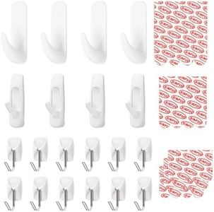Sinfuo 20 Hooks for Hanging Variety Pack,Adhesive wall Hooks Heavy Duty with 32 Stirps,no Damage Large midium Small Sticky Utility Hooks for Outdoor,Tower,Keys