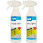 2 x HG Mould Spray 500ml Fast Acting Mould Remover Removes Black Mould and Mildew from Tiles Grout Silicone Sealant, Showers, Baths, and Walls No Scrub Bathroom Cleaner for Damp Areas Home Use