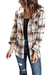 LACOZY Women's Flannel Plaid Shirt Long Sleeve Drawstring Jacket Casual Hoodie Loose Fit 2024 Fall Outfits with Pocket Khaki M