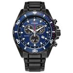 Citizen Mens 44mm Black Stainless Steel watch with; bracelet, blue dial, chronograph - AT2518-56L