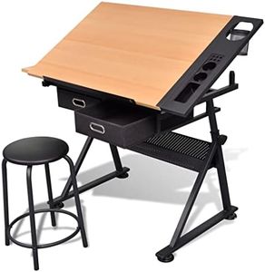 'vidaXL Adjustable Drawing Table with Stool, Tiltable Top, Two Drawers & Side Tray for Storage, for Drafting, Crafting – Brown