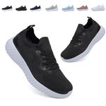 Womens Trainers Running Walking Shoes Tennis Sport Sneakers Ladies Ligthweight Gym Athletic Fitness Jogging Mesh Slip On Shoes Casual Fashion Comfortable Outdoor Flat Shoes Blackwhite