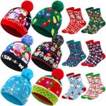 12 Pcs Christmas LED Hat Light up Xmas Beanie Knit Cap Christmas Socks Holiday Socks Winter Snow Hat(Stylish style)