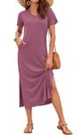 MISFAY Women 2024 Casual Maxi Dress Short Sleeve V Neck Sundress Split Loose Long Summer Beach T Shirt Dresses(Mauve-XL)