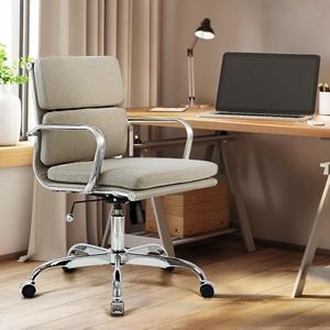 Furb Eames Fabric Office Chair with Adjustable Tilt Function, Lumbar Support Office Desk Chair, Adjustable Height Swivel Chair with Silver Armrests and Legs for Home （Beige）