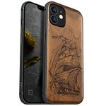 Carveit Magnetic Wood Case for iPhone 12 Case [Natural Wood & Black Soft TPU] Shockproof Protective Cover Unique & Classy Wooden Case Compatible with magsafe (Pirate Ship -Walnut)