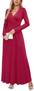 OUGES Womens Long Sleeve Christmas Holiday Dresses for Women V-Neck Wrap Waist Maxi Dress(Wine,XL)