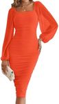 MEROKEETY Women's Long Puff Sleeve Ruched Bodycon Dress Square Neck Mesh Cocktail Party Midi Dresses,Orange,XXL